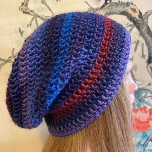 Crochet Slouchy Beanie Winter Hat Wool Jewel Tone Blue Purple Stripe Boho Hippie